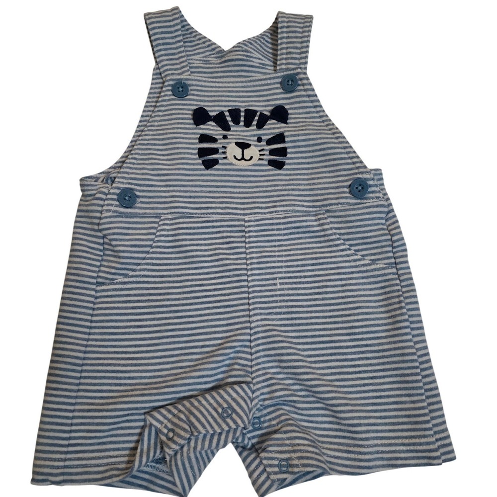 Little Me Baby Boys Blue White Striped Tiger Embroidered Shortall Romper 9M